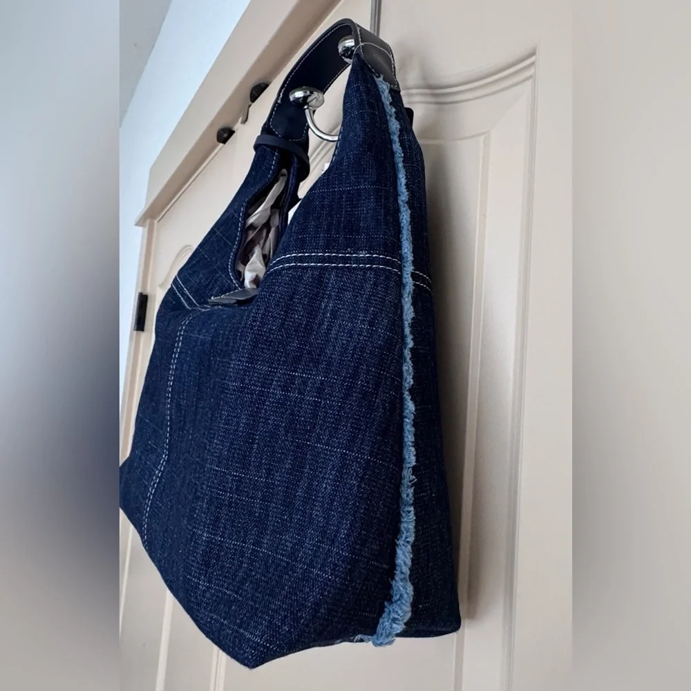 True Religion Indigo Denim Logo Hobo Bag with Silver Hardware